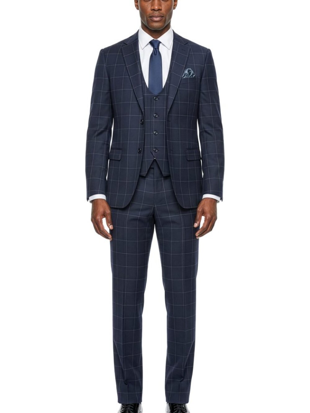 Blue Windowpane Notch Lapel 3 Piece Men's Suit